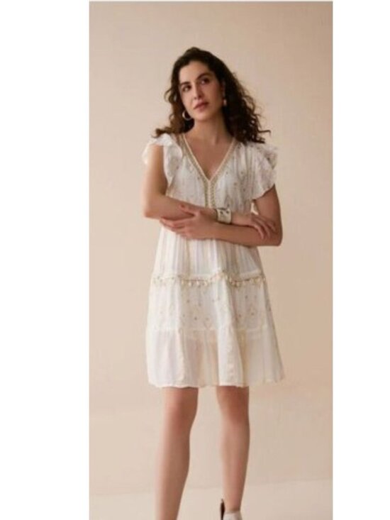 Bohera Dresses & Skirts - BOHERA Juleebee Flutter Sleeve V-Neck Shell Embellished White/Gold/Silver XL